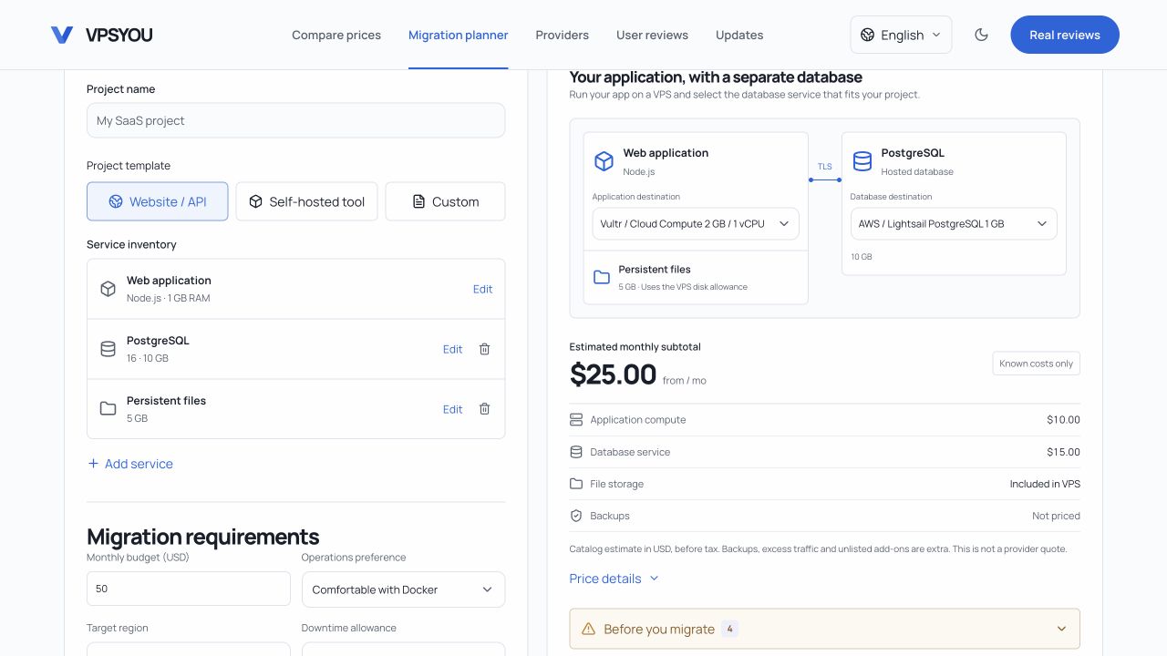 Live planner showing Node.js, PostgreSQL and persistent files, with Vultr and AWS selected and a $25 monthly subtotal