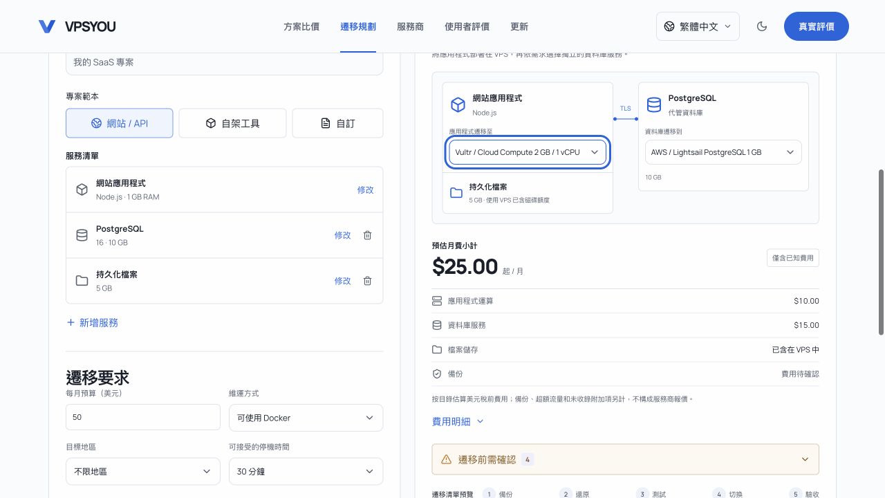 實際設定畫面:左側列出應用程式、資料庫與檔案,右側選擇 Vultr 和 AWS,月費小計為 25 美元